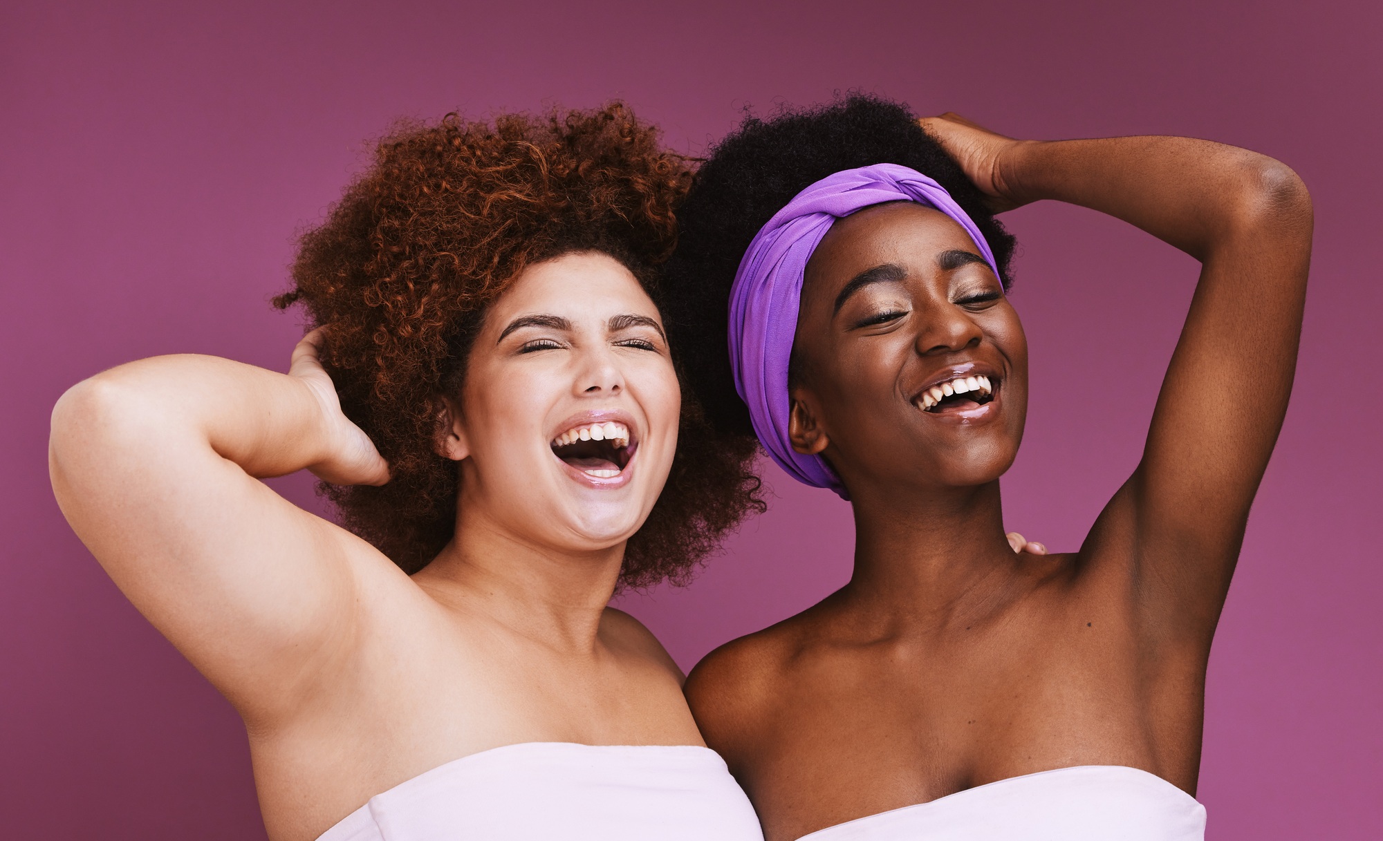 Black woman, studio and beauty for friends, afro and happiness for natural aesthetic by purple back